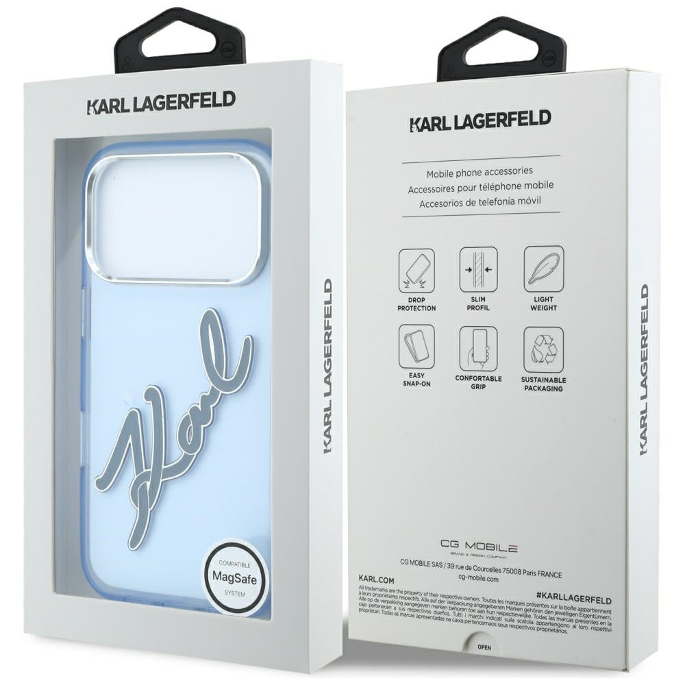 Funda para Apple iPhone 18 Pro Max / 17 Pro Max, Karl Lagerfeld, IML Big Signature Resin Logo Metal Frame, Azul