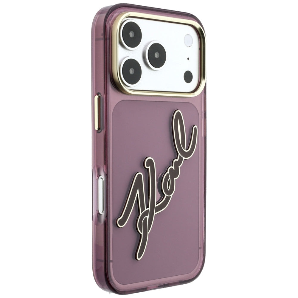 Funda para Apple iPhone 18 Pro Max / 17 Pro Max, Karl Lagerfeld, IML Gran Firma Resina Logo Marco Metálico, Burdeos