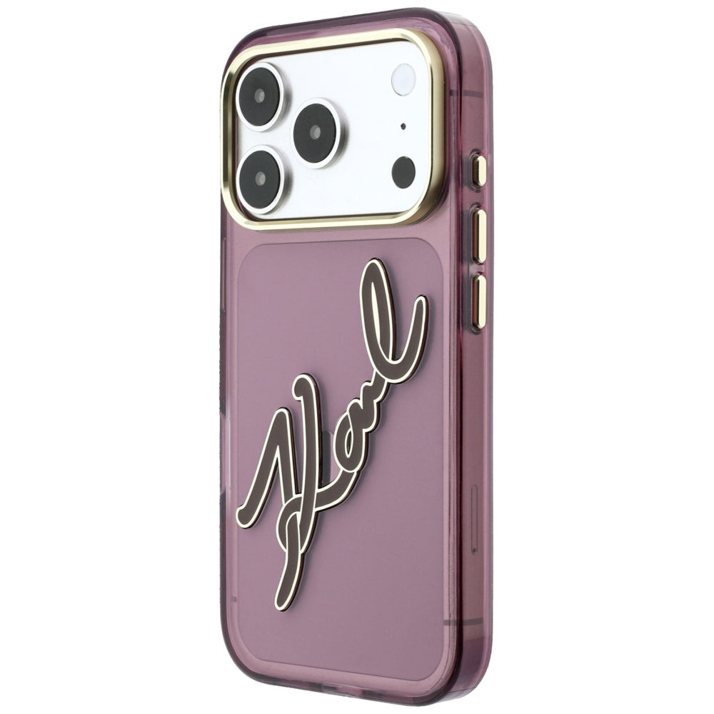 Funda para Apple iPhone 18 Pro Max / 17 Pro Max, Karl Lagerfeld, IML Gran Firma Resina Logo Marco Metálico, Burdeos
