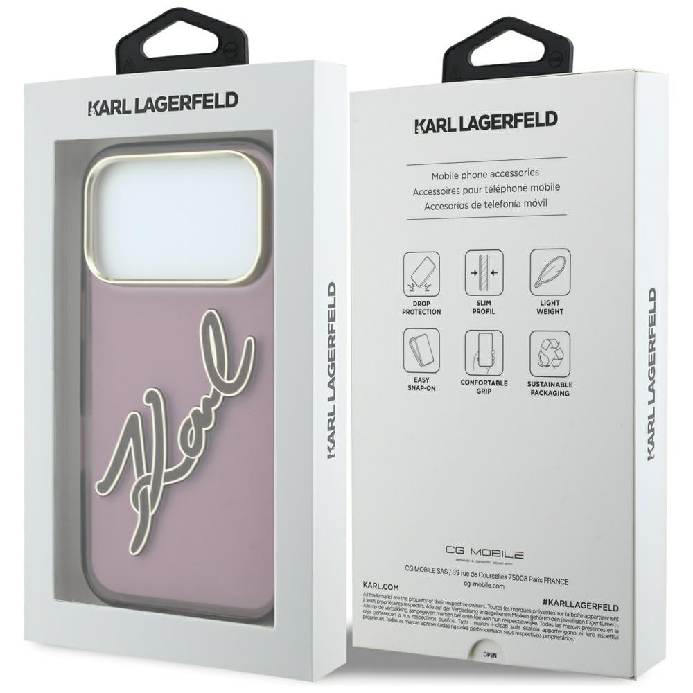 Funda para Apple iPhone 18 Pro Max / 17 Pro Max, Karl Lagerfeld, IML Gran Firma Resina Logo Marco Metálico, Burdeos