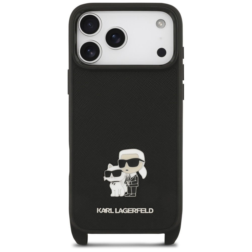 Funda para Apple iPhone 18 Pro Max / 17 Pro Max, Karl Lagerfeld, Saffiano Crossbody Metal Pin Karl & Choupette, negra