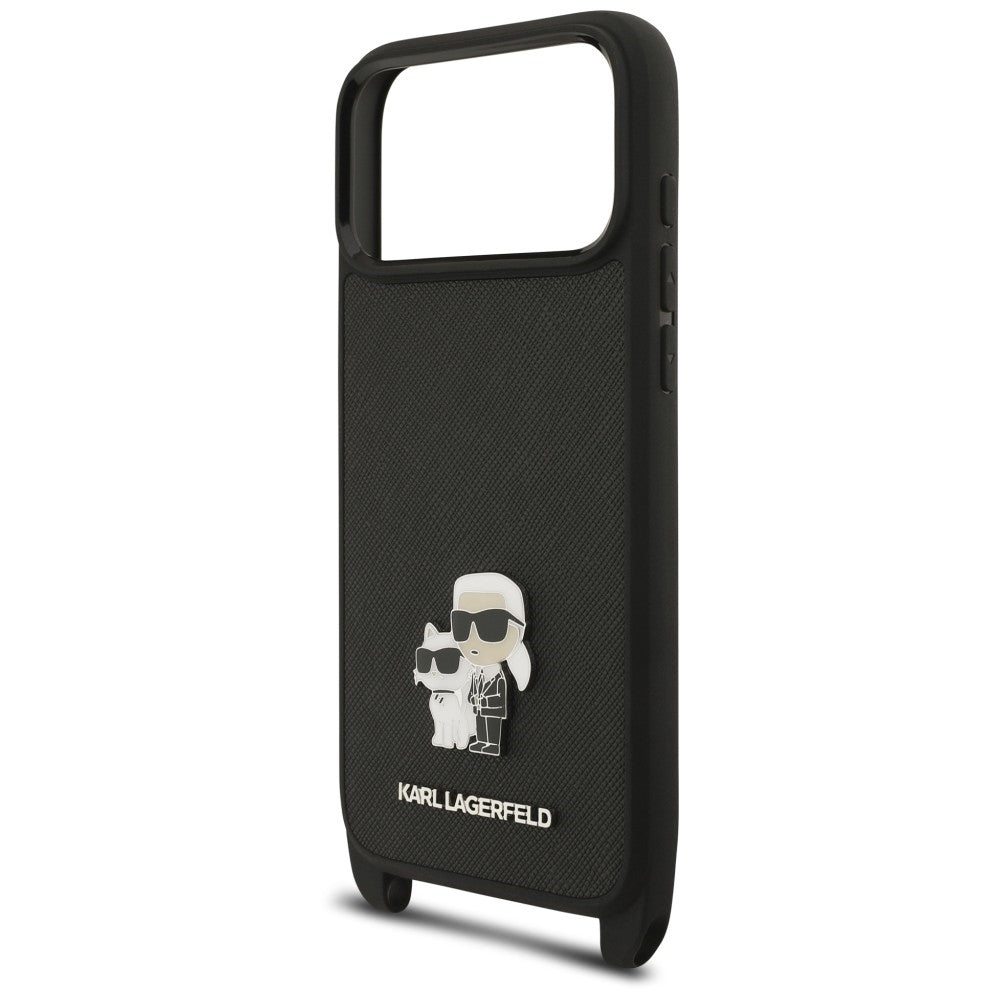 Funda para Apple iPhone 18 Pro Max / 17 Pro Max, Karl Lagerfeld, Saffiano Crossbody Metal Pin Karl & Choupette, negra