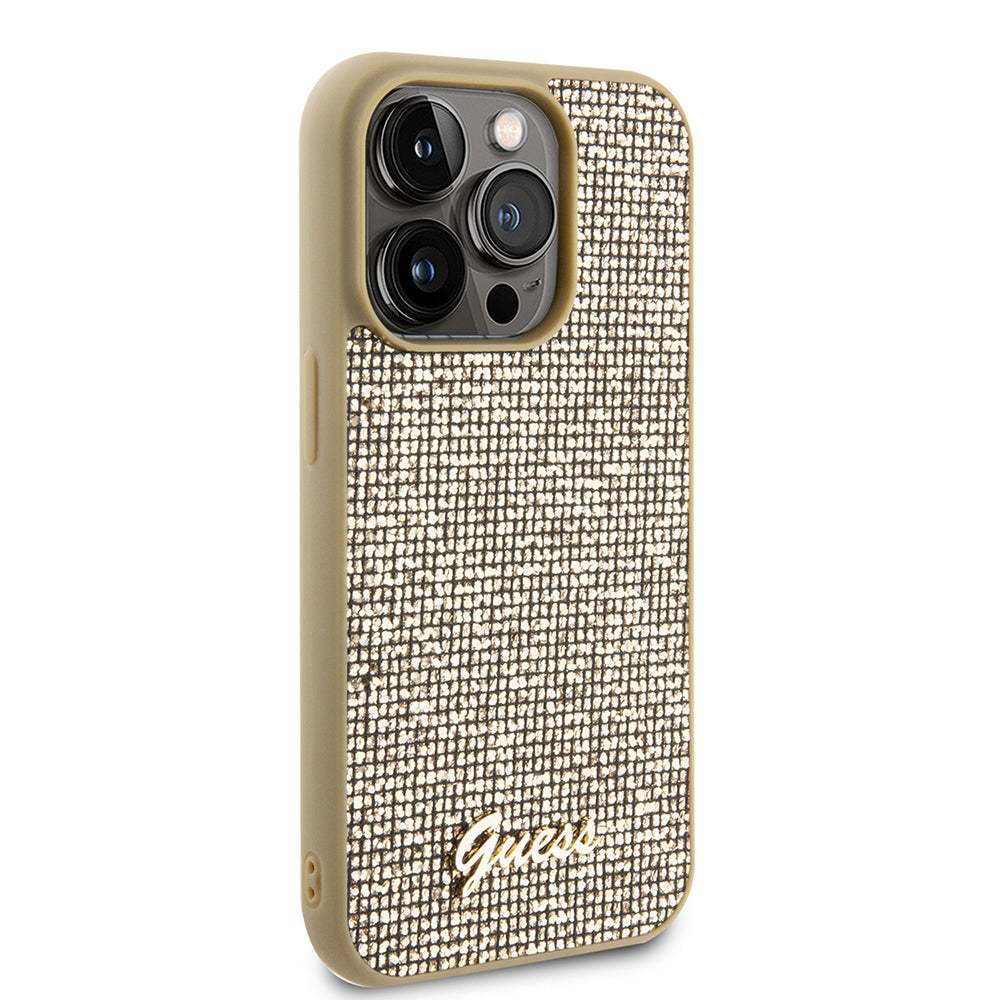 Funda para Apple iPhone 15 Pro, Guess, PU Square Mirror Script Logo, Dorada GUHCP15LPMSDGSD