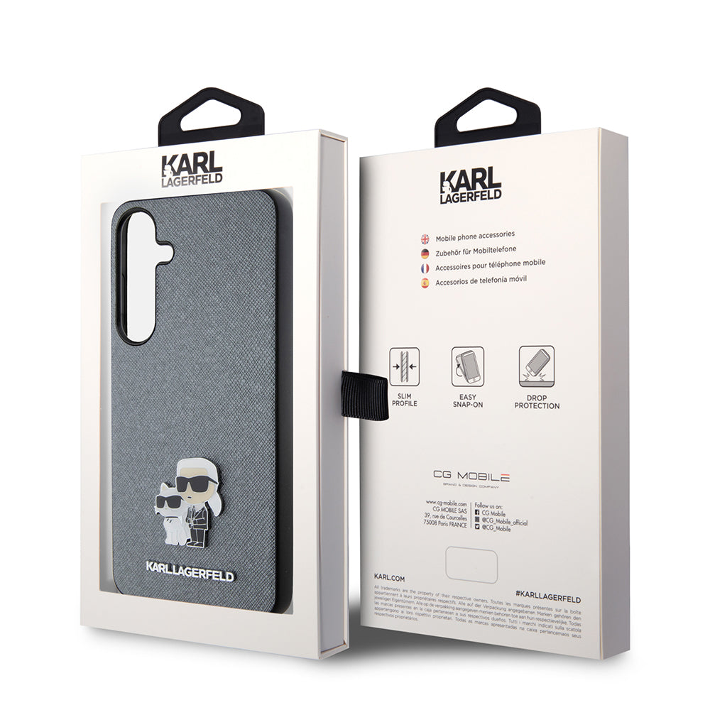 Funda para Samsung Galaxy S24+ S926, Karl Lagerfeld, Saffiano Karl & Choupette Metal, Gris