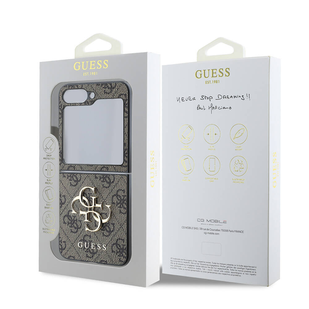 Funda para Samsung Galaxy Z Flip7 FE F761 / Z Flip6 F741, Guess, Logo Metálico 4G, Marrón