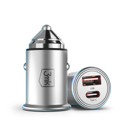 Cargador de coche 3MK Hyper, 45W, 3A, 1 x USB-A - 1 x USB-C, Plata