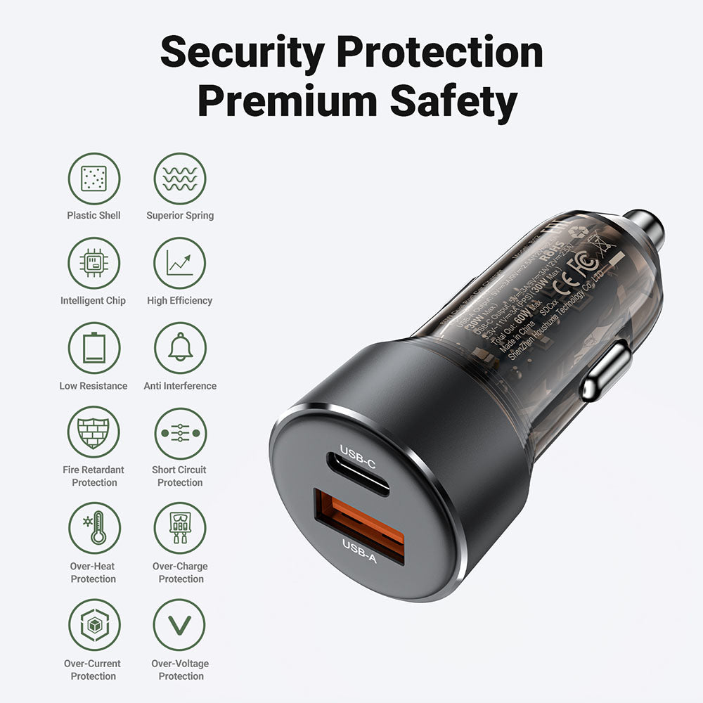 Cargador de coche Acefast B12, 60W, 3A, 1 x USB-A - 1 x USB-C, Negro