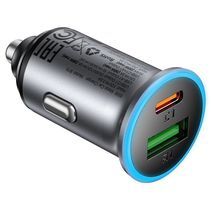 Cargador de coche Acefast B15, 65W, 3.25A, 1 X USB-A - 1 x USB-C, Gris