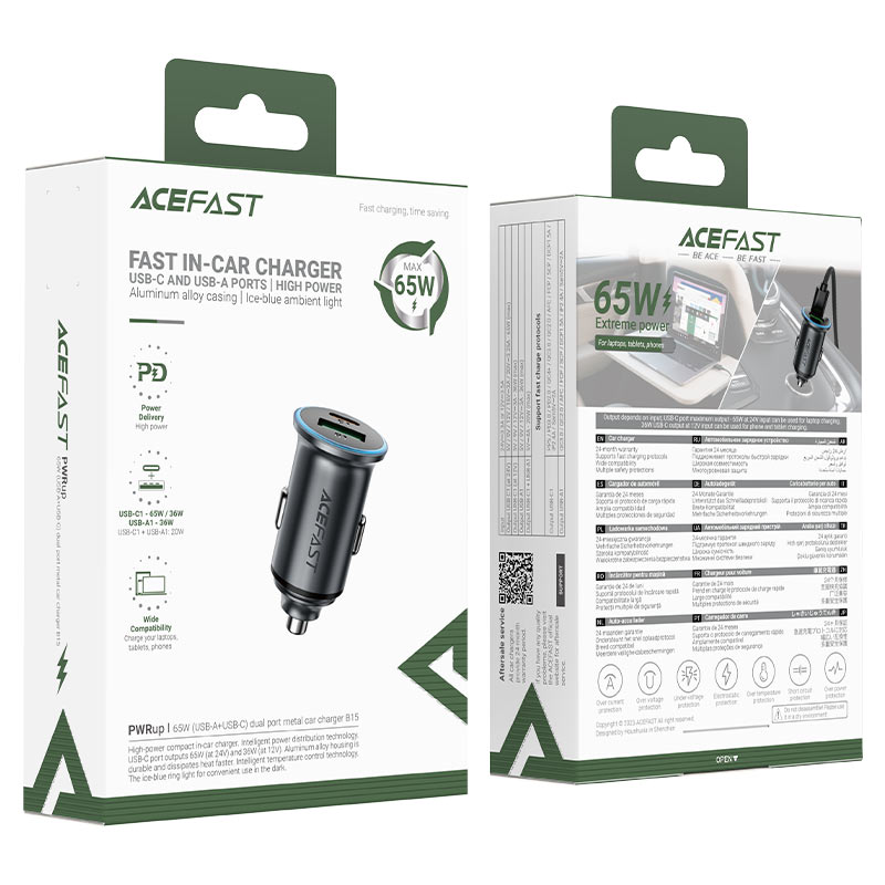 Cargador de coche Acefast B15, 65W, 3.25A, 1 X USB-A - 1 x USB-C, Gris