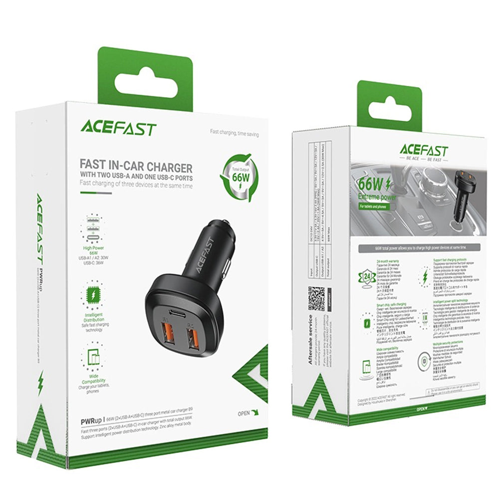 Cargador de coche Acefast B9, 66W, 5A, 2 x USB-A - 1 x USB-C, Negro