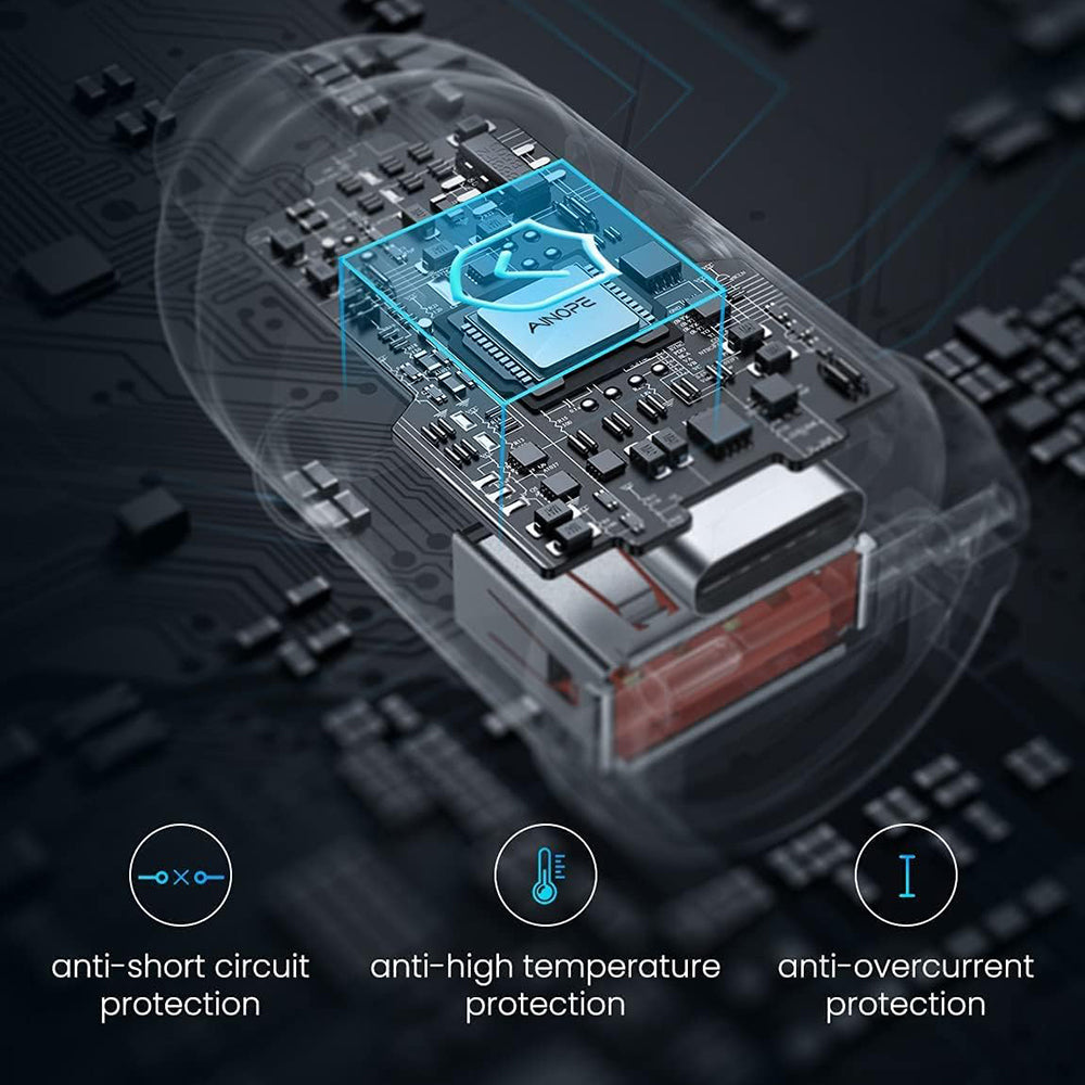 Cargador de coche Ainope, 30W, 5A, 1 x USB-A - 1 x USB-C, Negro