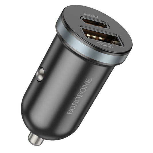 Cargador de coche Borofone BZ22 Scenery, 30W, 3A, 1 x USB-A - 1 x USB-C, Negro