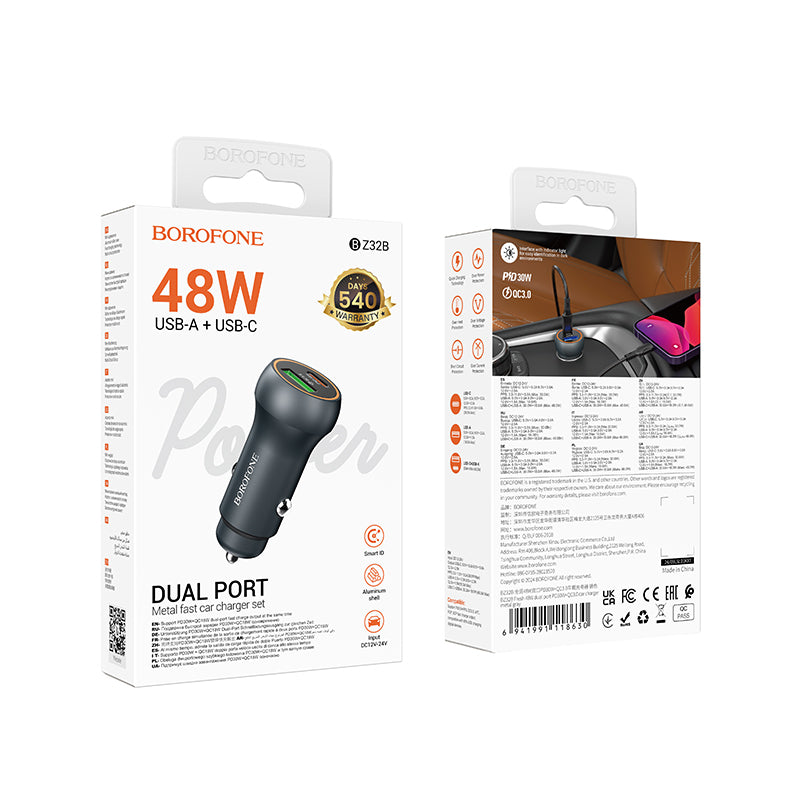 Cargador de Coche Borofone BZ32B Fresh, 48W, 3A, 1 x USB-A - 1 x USB-C, Gris