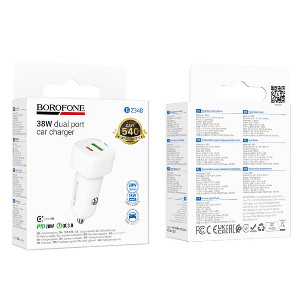 Cargador de coche Borofone BZ34B Cloud, 20W, 3A, 1 x USB-A - 1 x USB-C, Blanco