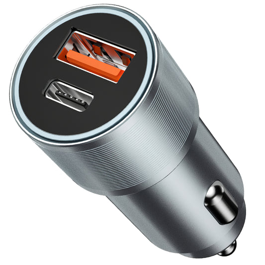 Cargador de coche BWOO BO-CC73, 38W, 3A, 1 x USB-A - 1 x USB-C, Plata
