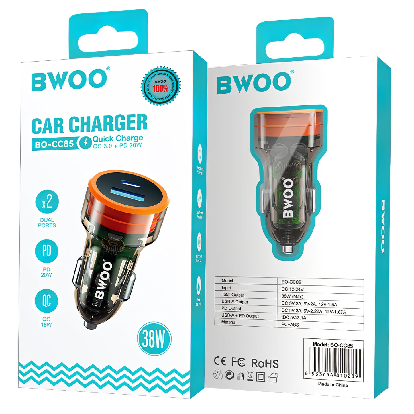Cargador de coche BWOO BO-CC85, 38W, 3A, 1 x USB-A - 1 x USB-C, Negro
