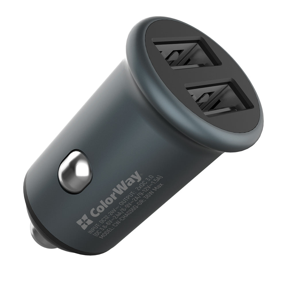 Cargador de Coche ColorWay, 36W, 3A, 2 x USB-A, Gris