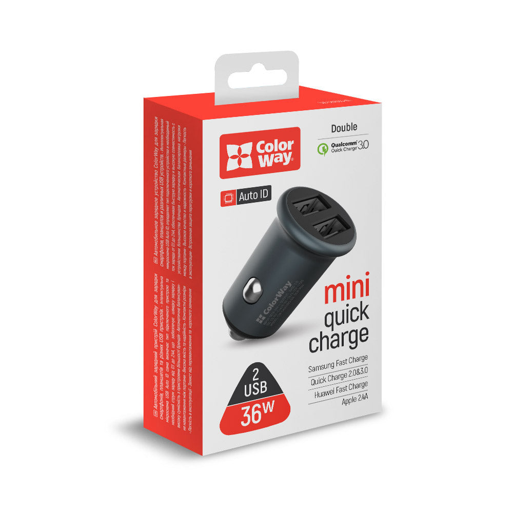 Cargador de Coche ColorWay, 36W, 3A, 2 x USB-A, Gris