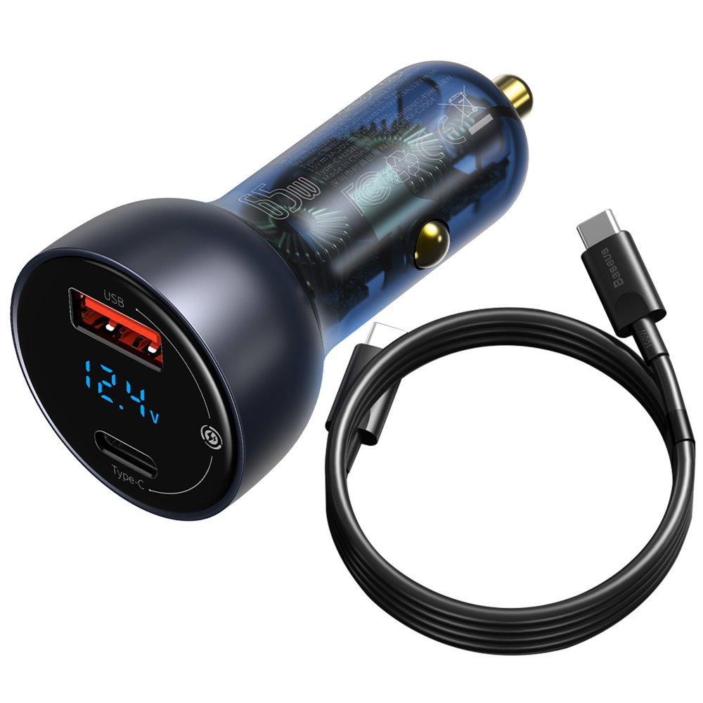 Cargador de coche con cable USB-C Baseus Digital Display, 65W, 5A, 1 x USB-A - 1 x USB-C, Negro TZCCKX-0G