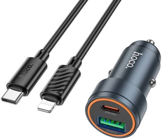 Cargador de coche con cable Lightning HOCO Z57A, 30W, 3A, 1 x USB-A - 1 x USB-C, Gris