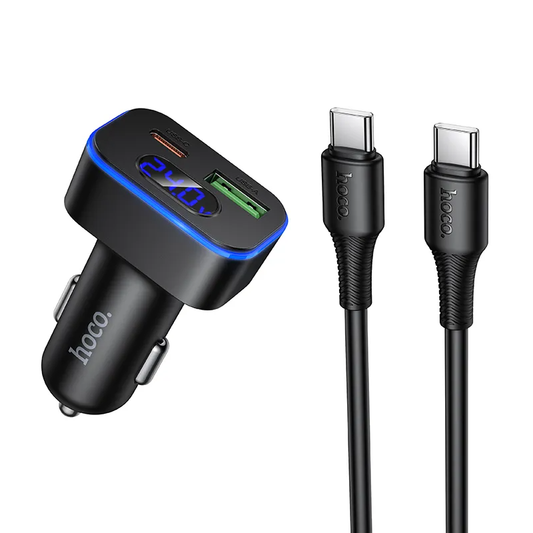 Cargador de Coche con Cable USB-C HOCO Z63B Display, 48W, 3A, 1 x USB-A - 1 x USB-C, Negro