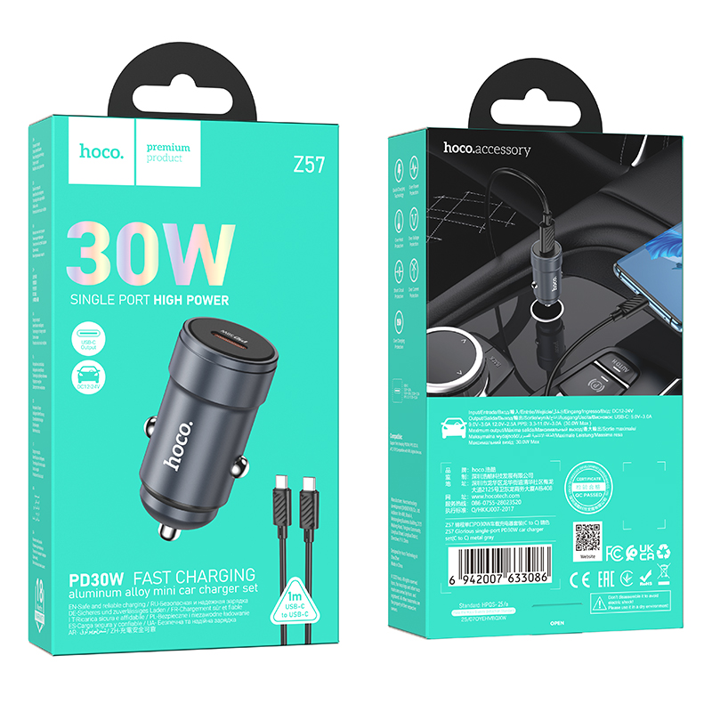 Cargador de Coche con Cable USB-C HOCO Z57, 30W, 3A, 1 x USB-C, Gris