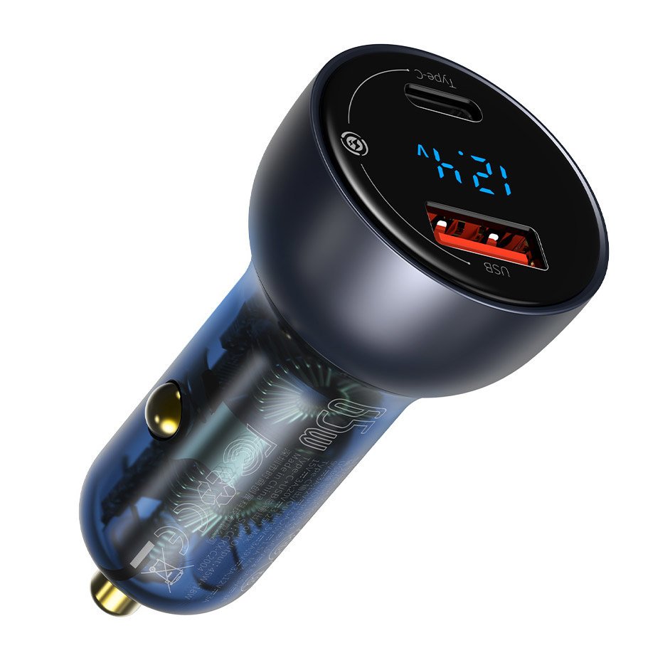 Cargador de coche con cable USB-C Baseus Digital Display, 65W, 5A, 1 x USB-A - 1 x USB-C, Negro TZCCKX-0G