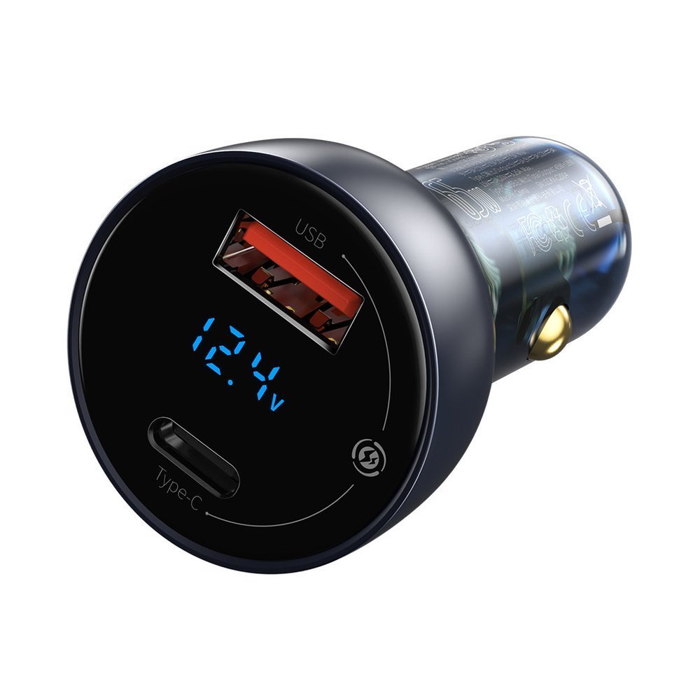 Cargador de coche con cable USB-C Baseus Digital Display, 65W, 5A, 1 x USB-A - 1 x USB-C, Negro TZCCKX-0G