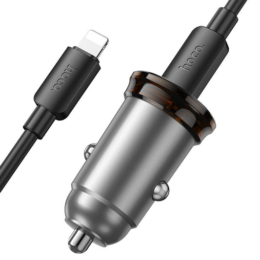 Cargador de coche con cable Lightning HOCO NZ16B, 45W, 3A, 2 x USB-C, Gris