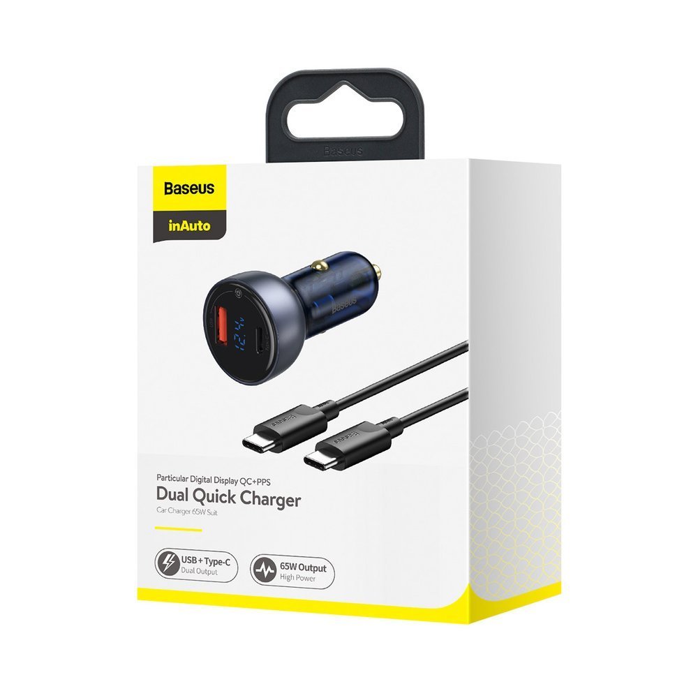 Cargador de coche con cable USB-C Baseus Digital Display, 65W, 5A, 1 x USB-A - 1 x USB-C, Negro TZCCKX-0G