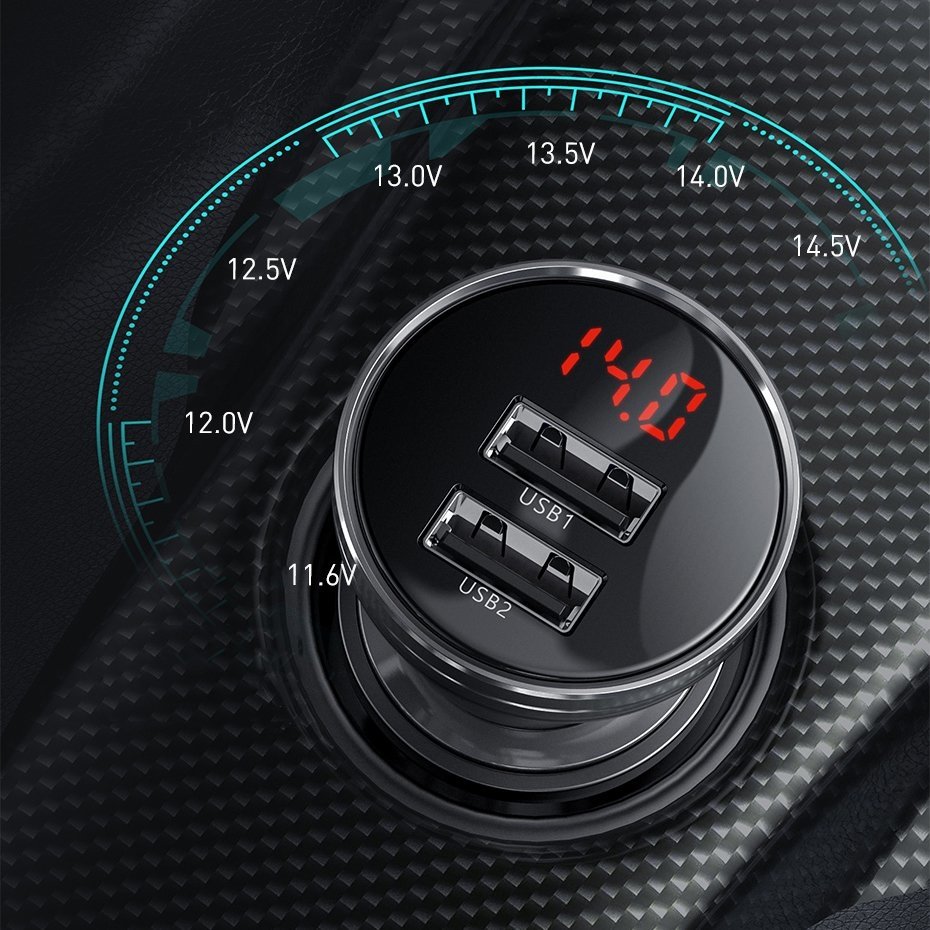 Cargador de coche con cable Lightning - microUSB - USB-C Baseus Digital Display, 24W, 2.4A, 2 x USB-A, Gris TZCCBX-0G