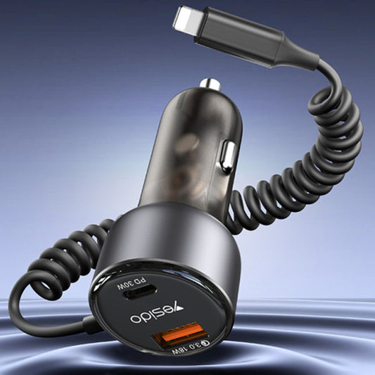 Cargador de coche con cable Lightning Yesido Y57, 50W, 3A, 1 x USB-A - 1 x USB-C, Negro