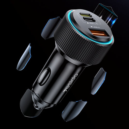 Cargador de coche con cable Lightning Yesido Y60, 38W, 3A, 1 x USB-A - 2 x USB-C, Negro