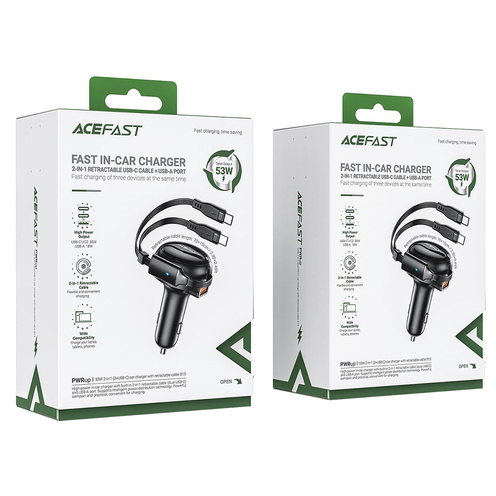 Cargador de coche con cable USB-C Acefast B13, 53W, 3A, 1 x USB-A, Negro