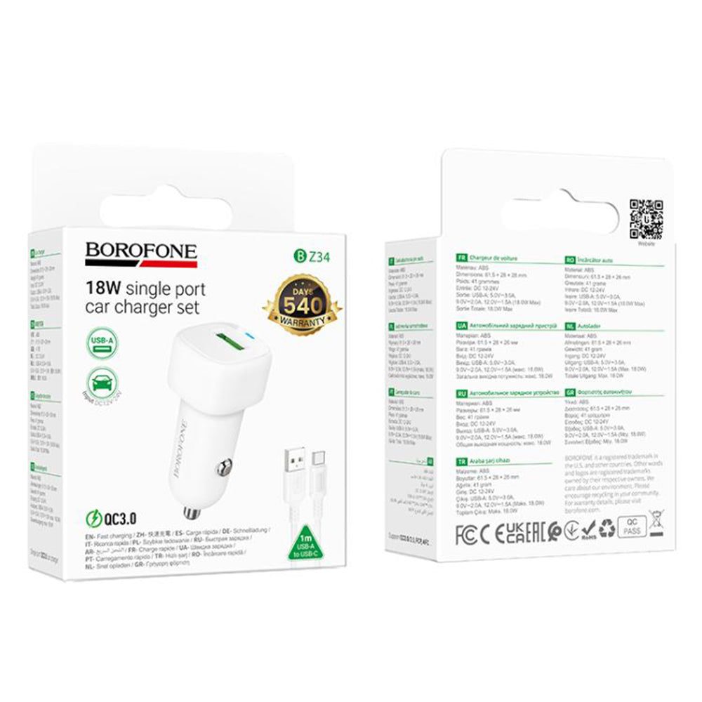 Cargador de coche con cable USB-C Borofone BZ34 Cloud, 18W, 3A, 1 x USB-A, Blanco