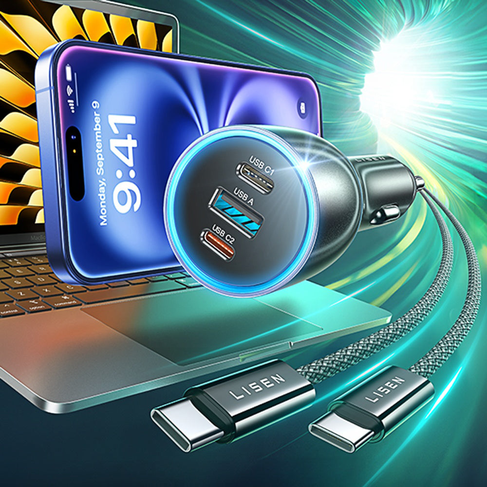 Cargador de Coche con Cable USB-C Lisen, 170W, 5A, 1 x USB-A - 2 x USB-C, Negro YL0225060006