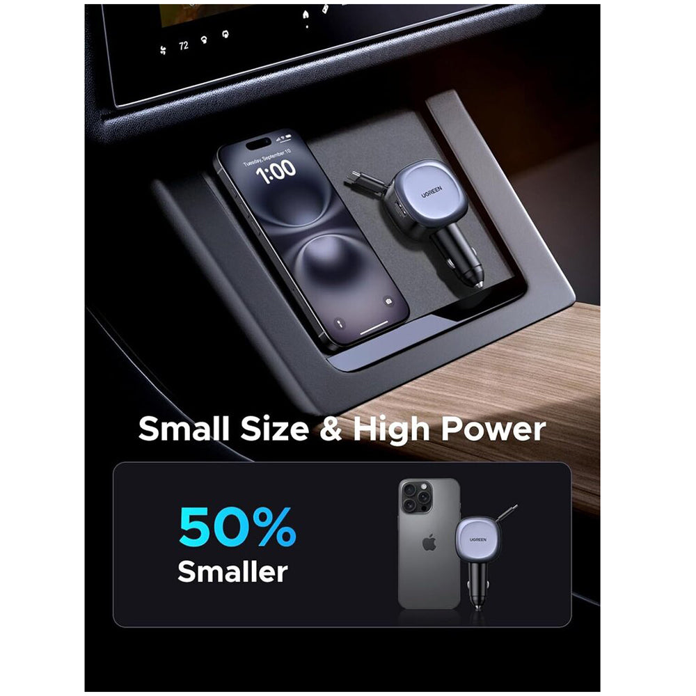 Cargador de Coche con Cable USB-C UGREEN EC601, 75W, 3A, 1 x USB-A - 1 x USB-C, Gris