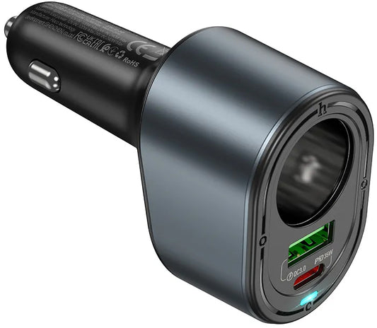 Cargador de Coche HOCO Z56, 35W, 3A, 1 x USB-A - 1 x USB-C - 1 x Extensión de Encendedor, Negro