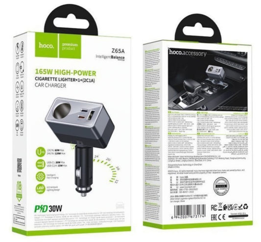 Cargador de coche HOCO Z65A, 165W, 3A, 1 x Extensión para mechero - 1 x USB-A - 2 x USB-C, Negro