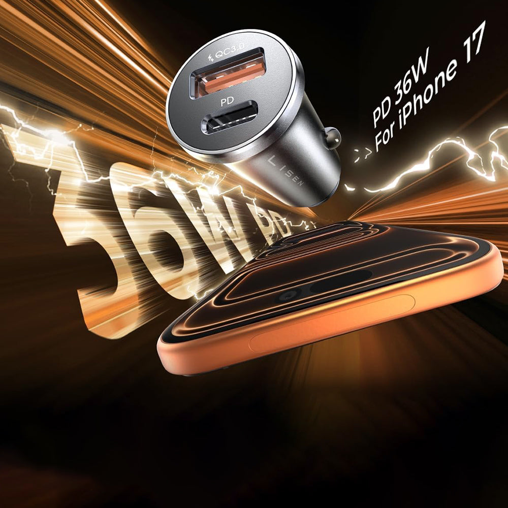 Cargador de Coche Lisen, 36W, 3A, 1 x USB-A - 1 x USB-C, Negro YL0223090002