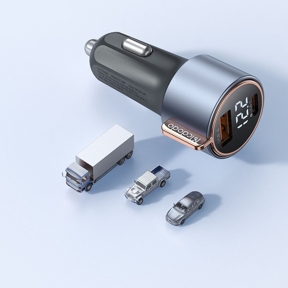 Cargador de Coche McDodo CC-3690 Venus Display, 75W, 3A, 1 x USB-A - 1 x USB-C, Negro