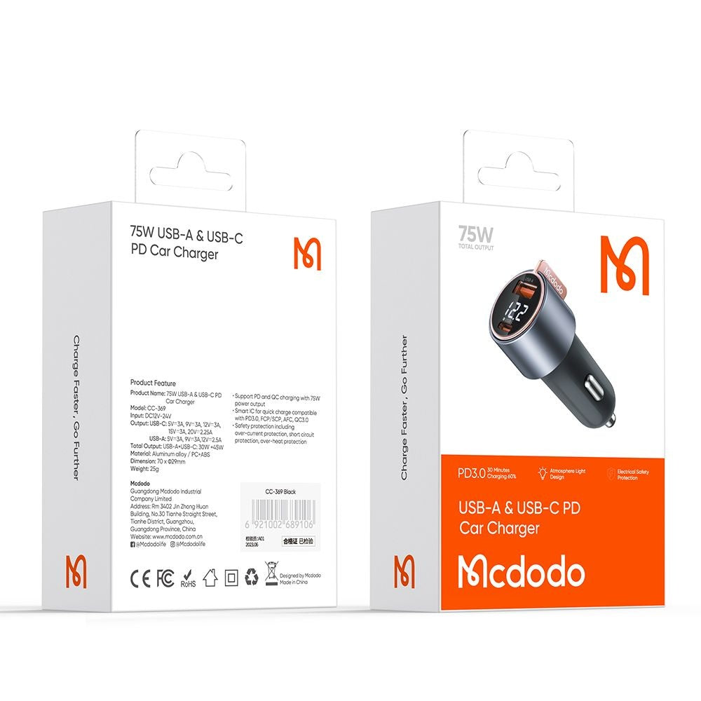 Cargador de Coche McDodo CC-3690 Venus Display, 75W, 3A, 1 x USB-A - 1 x USB-C, Negro