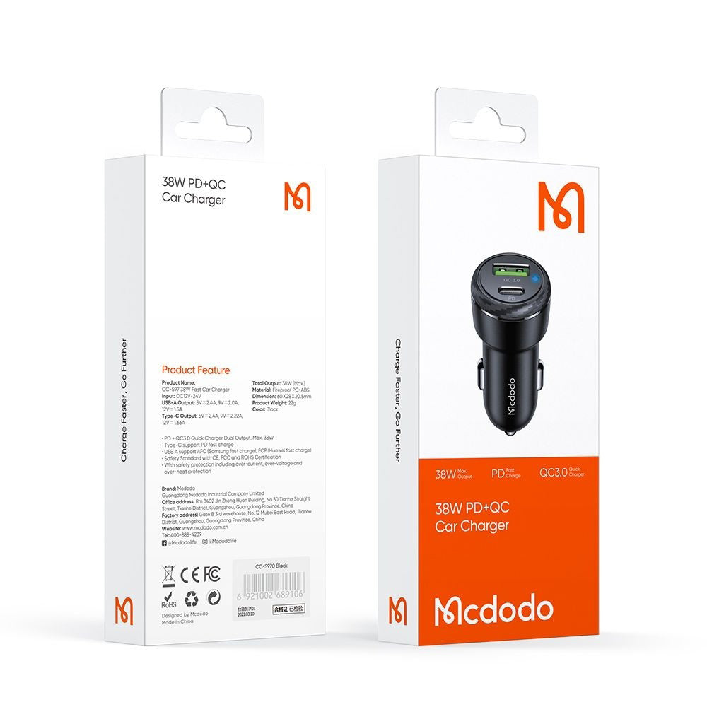 Cargador de coche McDodo CC-5970, 38W, 3A, 1 x USB-A - 1 x USB-C, Negro