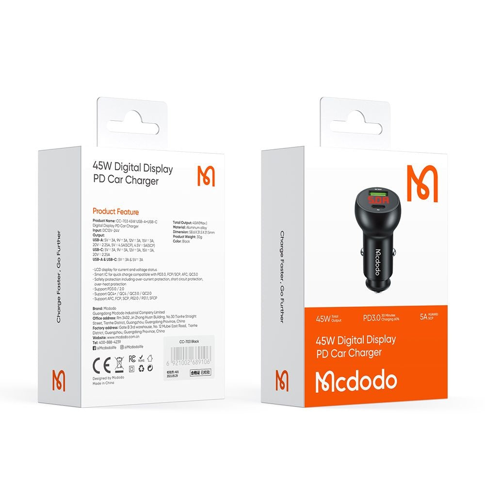 Cargador de coche McDodo CC-7030 Display, 45W, 5A, 1 x USB-A - 1 x USB-C, Negro