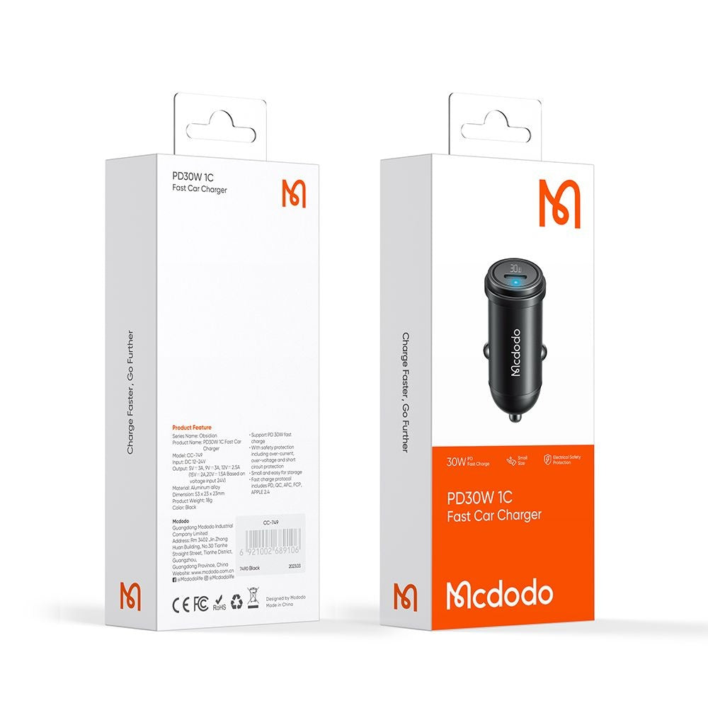 Cargador de coche McDodo CC-7491 Obsidian, 30W, 3A, 1 x USB-C, Negro