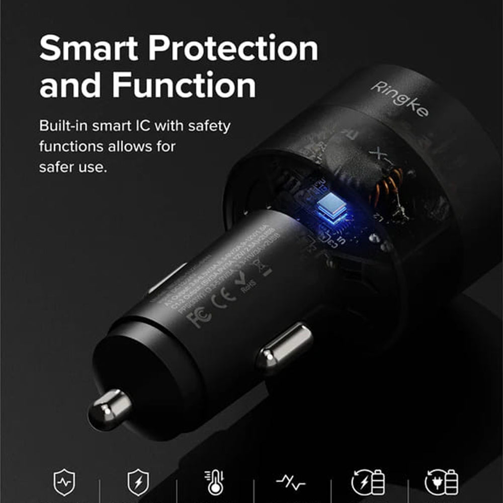 Cargador de coche Ringke, 30W, 3A, 1 x USB-A - 2 x USB-C, Negro