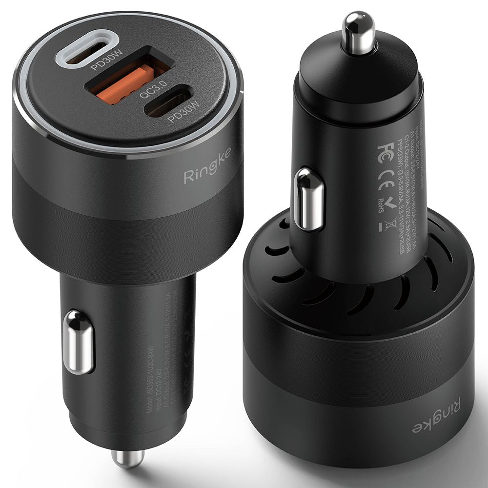 Cargador de coche Ringke, 30W, 3A, 1 x USB-A - 2 x USB-C, Negro