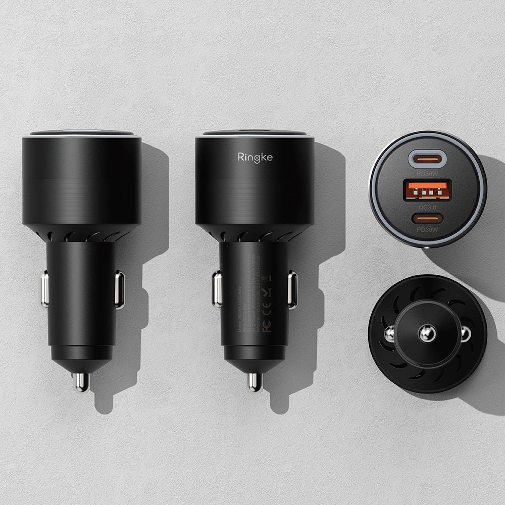 Cargador de coche Ringke, 30W, 3A, 1 x USB-A - 2 x USB-C, Negro