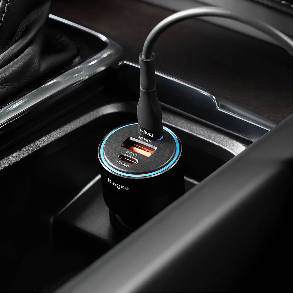 Cargador de coche Ringke, 30W, 3A, 1 x USB-A - 2 x USB-C, Negro