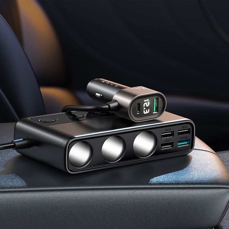 Joyroom JR-CL06 Car Charger, 154W, 3A, 4 x USB-A - 1 x USB-C - 4 x Cigarette Lighter Extension, Black JYR058BLK